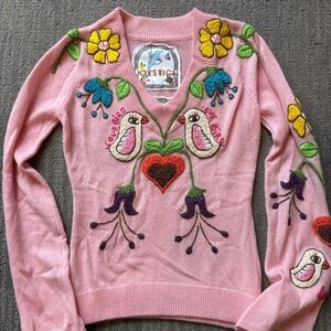 Johnny Was Joystick Pink Love V Neck Sweater size M GUC
